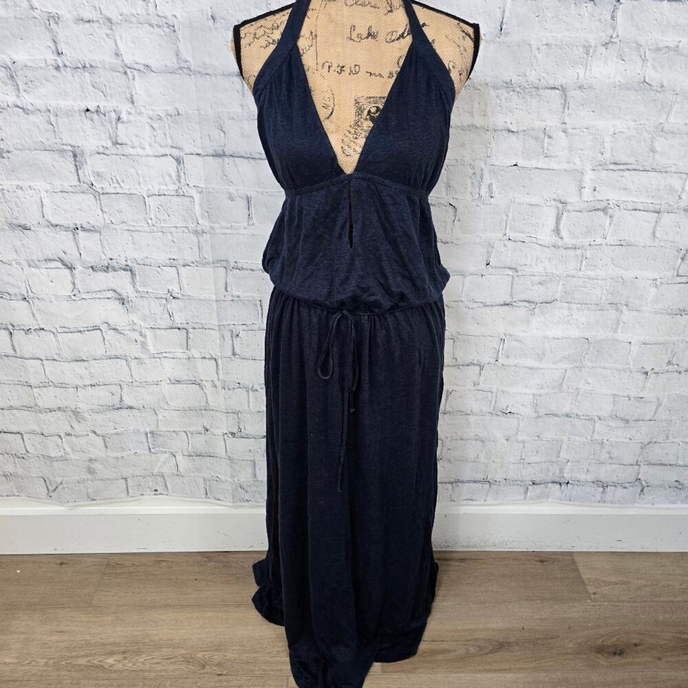 Club Monaco maxi dress Sz M halter navy waist string boho A33C